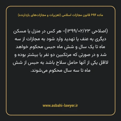 ماده ۶۹۴ قانون مجازات اسلامی (تعزیرات و مجازات های بازدارنده)