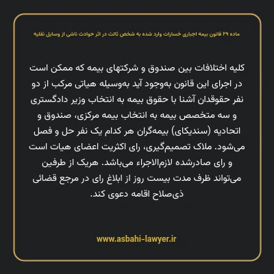 ماده ۲۹ قانون بیمه اجباری خسارات وارد شده به شخص ثالث در اثر حوادث ناشی از وسایل نقلیه