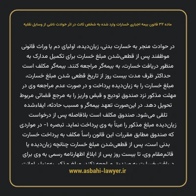 ماده ۳۲ قانون بیمه اجباری خسارات وارد شده به شخص ثالث در اثر حوادث ناشی از وسایل نقلیه