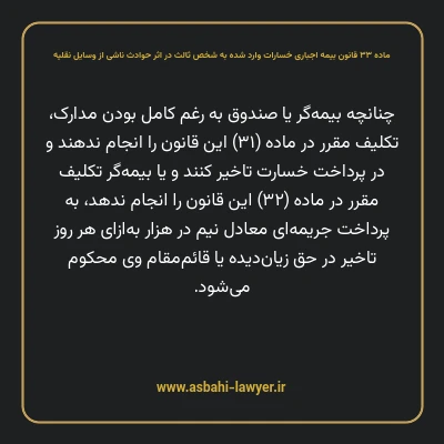 ماده ۳۳ قانون بیمه اجباری خسارات وارد شده به شخص ثالث در اثر حوادث ناشی از وسایل نقلیه