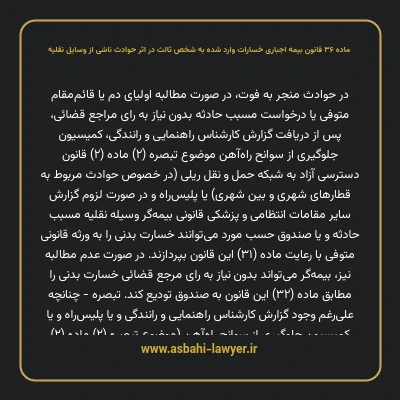 ماده ۳۶ قانون بیمه اجباری خسارات وارد شده به شخص ثالث در اثر حوادث ناشی از وسایل نقلیه