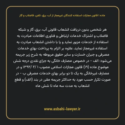 ماده ۱ قانون مجازات استفاده کنندگان غیرمجاز از آب، برق، تلفن، فاضلاب و گاز