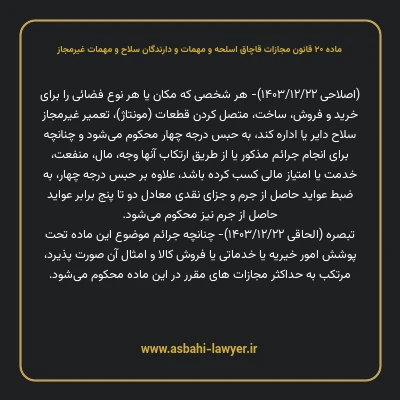 ماده ۲۰ قانون مجازات قاچاق اسلحه و مهمات و دارندگان سلاح و مهمات غیرمجاز